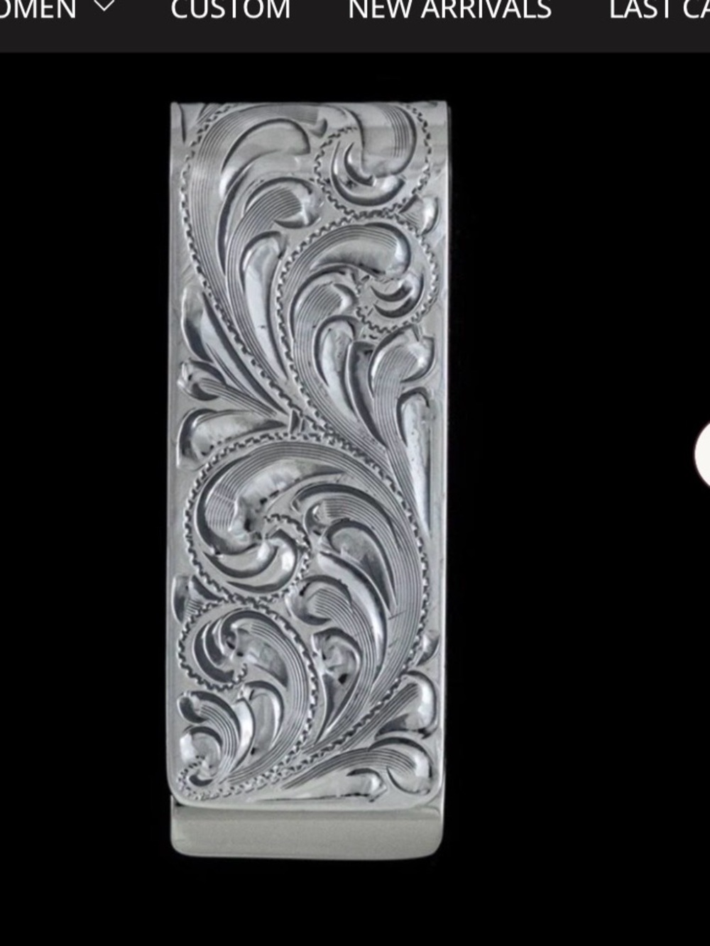 Hand engraved sterling silver money clip by Vogt Silversmiths. New.